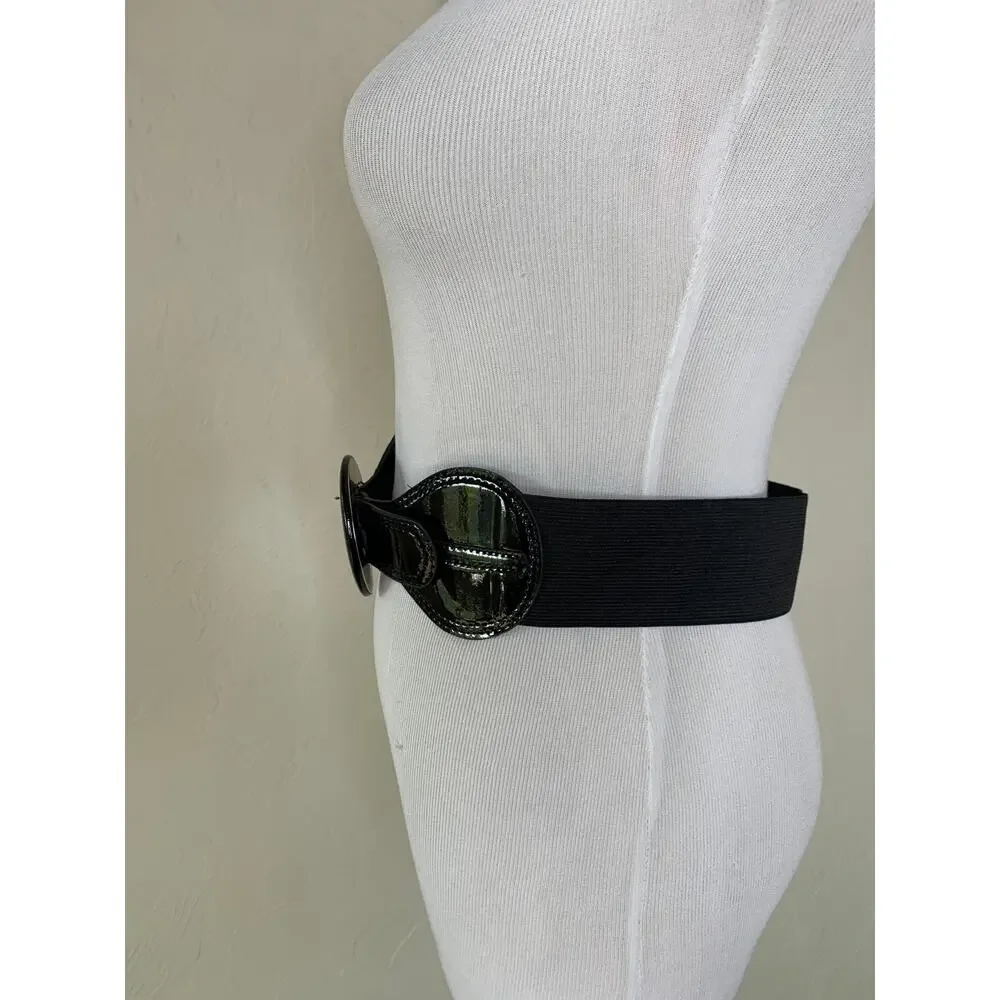 Vintage 90s Black Patent Leather Wide Belt Buckle Sz ? Medium